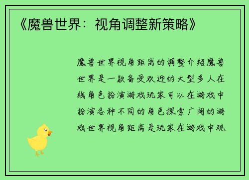 《魔兽世界：视角调整新策略》